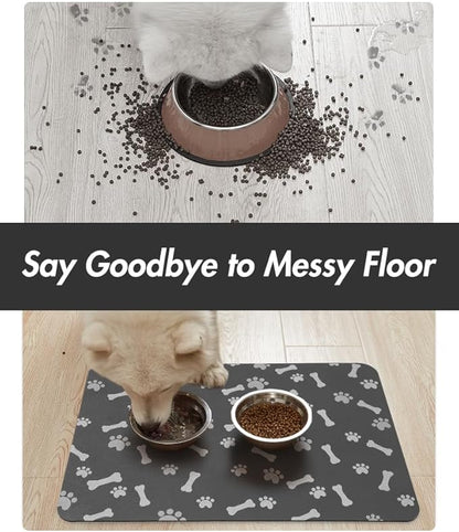 MontVoo Dog Food Mat-Large Pet Feeding Mat for Food and Water-No Stains Quick Dry Dispenser Cat Bowl Mat for Messy Drinkers(23"X34" Dark Grey)