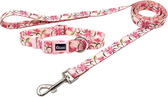 Dog Collar Leash Set, Floral Pattern, Polyester Material, Adjustable Collar and 5ft Matchcing Leash, for Medium Dogs.(M, Pink Lily)