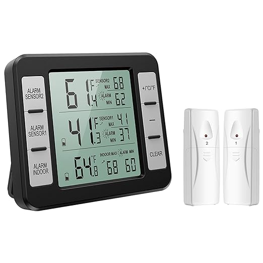 KeeKit Refrigerator Thermometer, Indoor Outdoor Thermometer with 2 Sensors, Wireless Digital Freezer Thermometer with Audible Alarm Temperature Gauge, Min/Max Record for Home, Kitchen