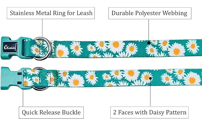 Dog Collar and Leash Set, Cute Daisy Pattern, Polyester Material, 5ft Leash, for Puppy Dogs.(Extra Small,Green Daisy)