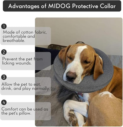 MIDOG Dog Cone - Inflatable Soft Donut Collar Alternative for Dogs After Surgery, Protective Recovery Collar Prevents Licking, Comfortable E-Collar Alternative for Small Medium Large Dogs (Gray, M)