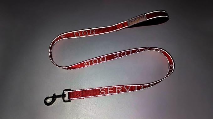Albcorp Service Dog Leash - Embroidered- with Padded Neoprene Handle and Reflective threads, 4 Feet, for Harnesses, Vests or Collars, Red