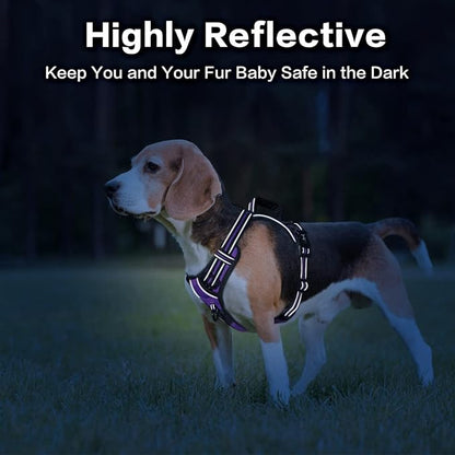 PoyPet No Pull Dog Harness, No Choke Front Clip Reflective Dog Vest with Soft Padded Vertical Handle, 3 Leash Attachments for Small Medium Large Dogs (Purple,XL)