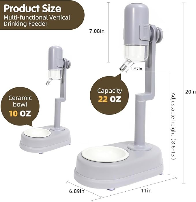 Pet Standing Water Dispenser Cat Dog Standing Ceramic Bowl Automatically Feeding Water Height Adjustable Detachable Pole (Grey, Large)