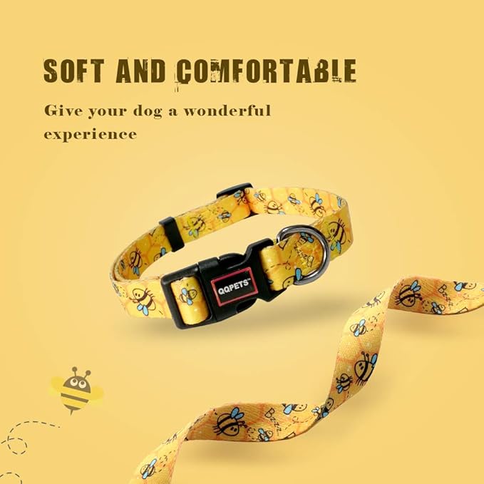 QQPETS Adjustable Soft Dog Collar: Print Flower Pink Multicolor Cute Patterns for XS Small Medium Large Pet Girl Boy Puppy Walking Running Training (L, Yellow Bee)