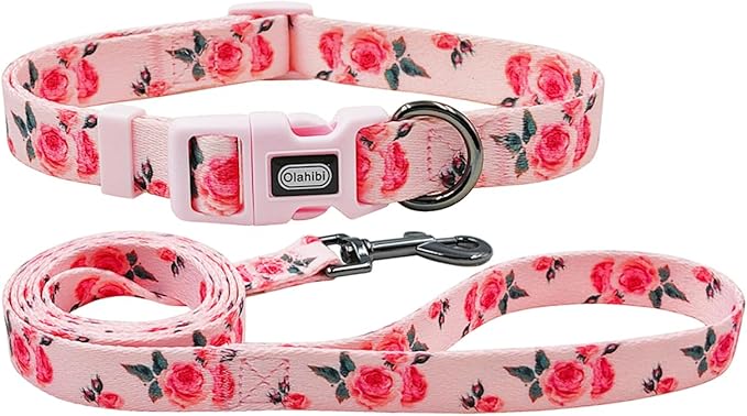 Dog Collar and Leash Set, Cute Rose Pattern, Polyester Material, 5ft Leash, for Medium Dogs.(Medium,Pink Rose)