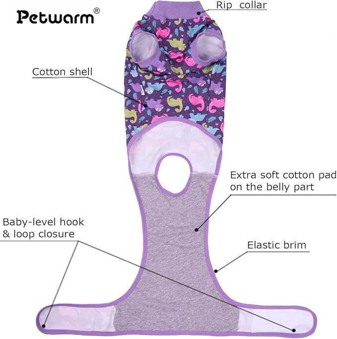 PetWarm Male Dog Surgical Suit After Neuter, Dog Coat's Inner Clothes, Substitute E-Collar and Cone, Dog Onesies Pet Surgery Recovery Suit for Dogs, Dinosaur Pattern, Purple, S