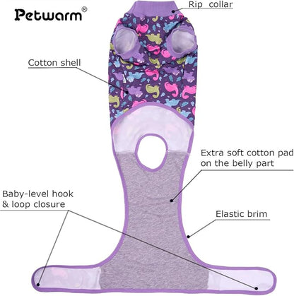 PetWarm Dog Surgical Suit Female Spay, Onesie for Dogs After Surgery, Substitute E-Collar and Cone, Pet Surgery Recovery Suit, Anti-Licking Dog Surgery Recovery Suit Soft, Dinosaur Pattern, Purple, M
