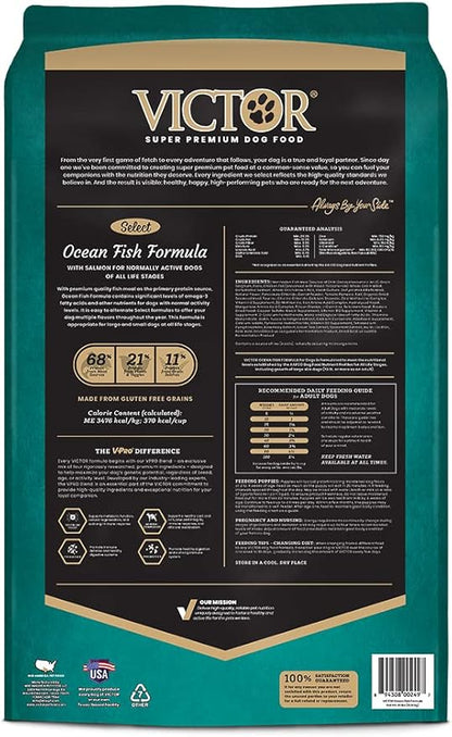 VICTOR Super Premium Dog Food – Select Ocean Fish Formula with Salmon – Omega-3 and Omega-6 Enriched Gluten-Free Dry Kibble for All Normally Active Dogs of All Life Stages, 40lbs