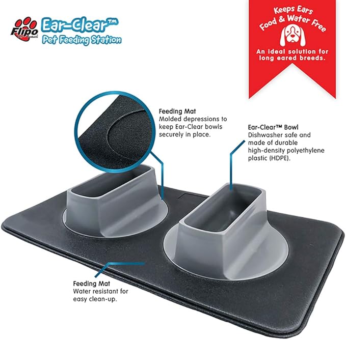 Ear Clear Dog Bowl and Mat Set, No Spill Food and Water Bowls with Mat, Perfect Feeding Tray Set for Long Eared Dog or Breeds, No Mess Dog Bowl 36 oz Feeder Bowl Set, Hounds, Cocker Spaniels, Setters