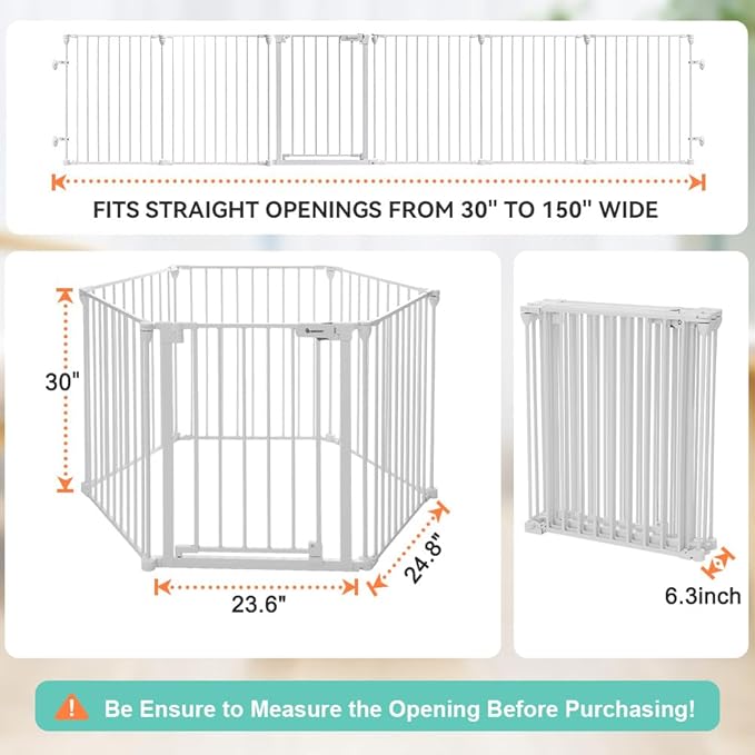 COMOMY 150" Extra Wide Baby Gate with Door, Dog Gates for The House Doorways Fireplace, Auto Close Baby Fence Play Area, Walk Through Pet Gate, Hardware Mounted, 6-Panels (30" Tall, White)