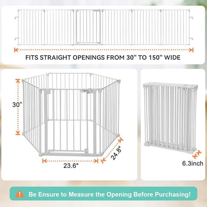 COMOMY 150" Extra Wide Baby Gate with Door, Dog Gates for The House Doorways Fireplace, Auto Close Baby Fence Play Area, Walk Through Pet Gate, Hardware Mounted, 6-Panels (30" Tall, White)