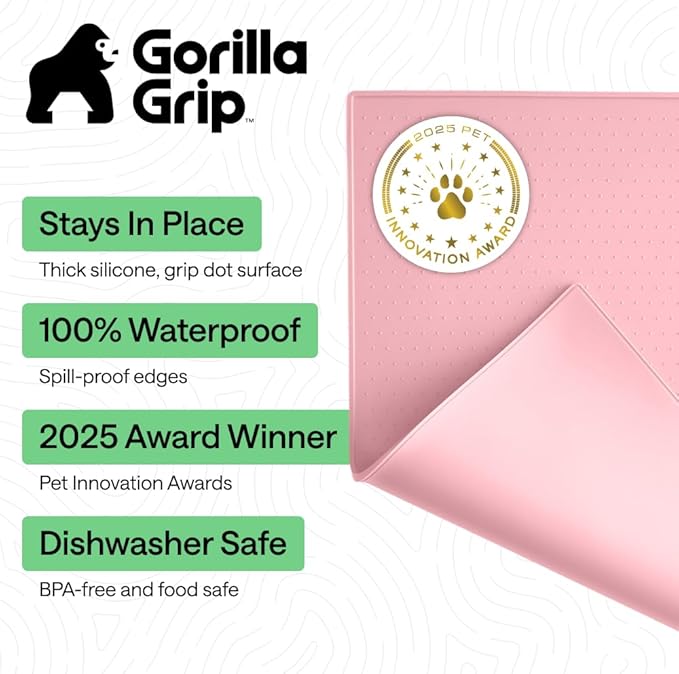 GORILLA GRIP 100% Waterproof Raised Edge BPA Free Silicone Pet Feeding Mat, Dog Cat Food Mats Contain Spills Protects Floors, Placemats for Cats and Dogs Water Bowl, Pets Accessories 32x24 Pink