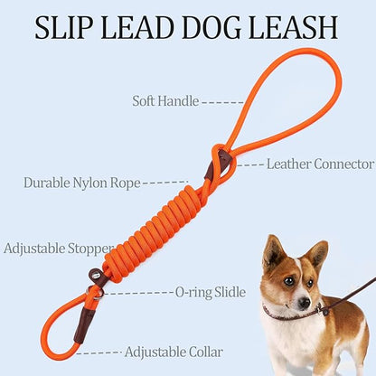 MayPaw Slip Lead Control Leash for Dogs No Pull, 13+ Colors Classic Dog Lead 7FT Pet Slip Leash, 1/4” Rope Leashes for Small Medium Animals Orange