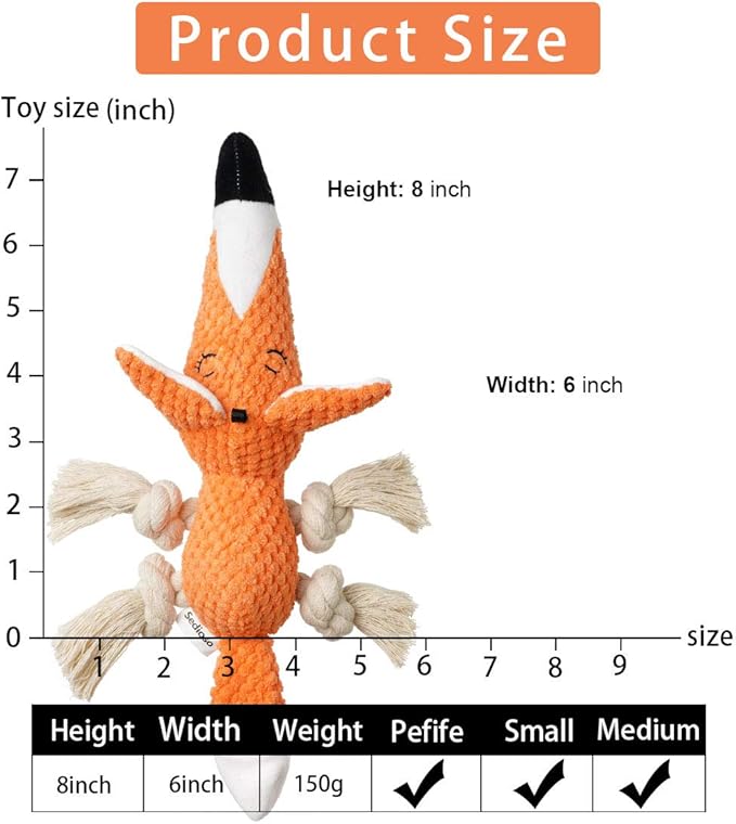 Sedioso Cute Squeaky Dog Toy, Stuffed Plush Toy for Puppies, Durable Dog Chew Toy for Small, Middle, Large Breed (Orange Fox)