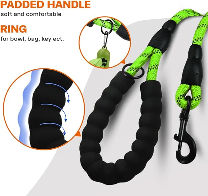 Taglory Rope Dog Leash 4 FT with Comfortable Padded Handle, Highly Reflective Threads Leash and Anti-Tangle Clip for Walking Medium Large Dogs, 1/2 inch, Green