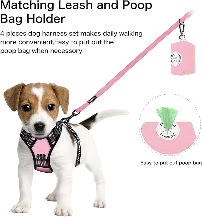 Petmolico No Pull Dog Harness Set with Leash Attachment Easy Control Handle Reflective Harness Vest Small Breed, Puppy Vest and Leash Set with Poop Bag Holder, Small - Light Pink