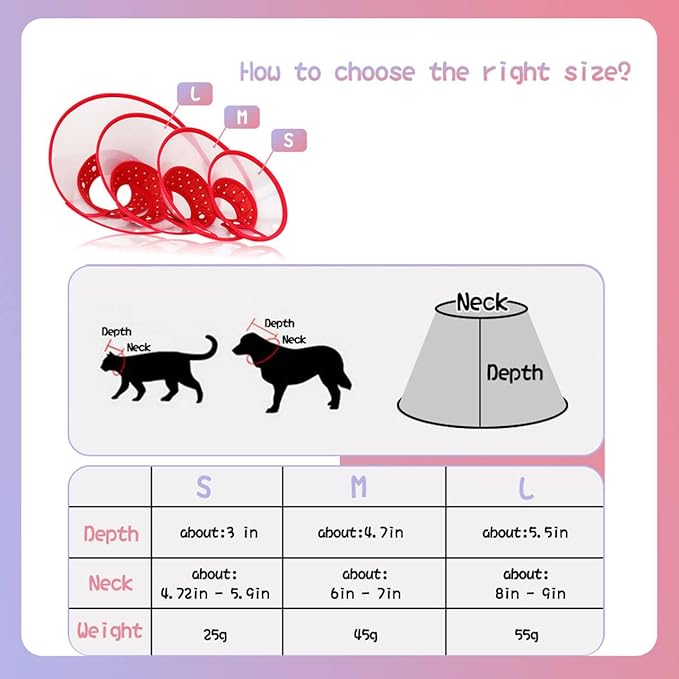 Pet Cone Recovery Dog Cone Adjustable Dog Collar Clear Padded Collar with Breathable Soft Edge, Plastic Puppy Cone Protect The Neck Surgery Recovery, Designed for Cats and Puppies (Large, Pink)