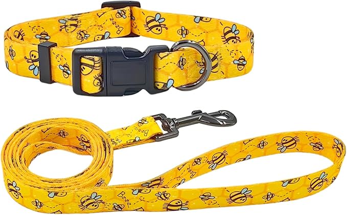Dog Collar Leash Set, Busy Bee Pattern, 5ft Matching Leash, Polyester Material, 4 for Small Medium Large Dogs.(L, Bee)