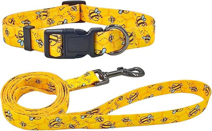 Dog Collar Leash Set, Busy Bee Pattern, 5ft Matching Leash, Polyester Material, 4 for Small Medium Large Dogs.(S, Bee)