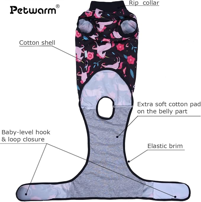 PetWarm Dog Surgical Recovery Suit, Recovery Suit for Dogs, Onesie for Dogs, Spay and Neuter, Weaning, Prevents Licking Cotton Protect Dog Abdominal, Unicorn Pattern, Black, S