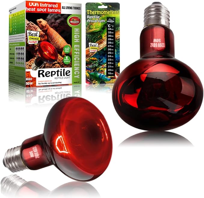 2 Pack 50w Reptile Heat Lamp Bulb Infrared Basking Spot Heat Lamp for Reptiles & Bearded Dragon Amphibian, Chicks, Dog Heating Use with Stick-on Digital Temperature Thermometer