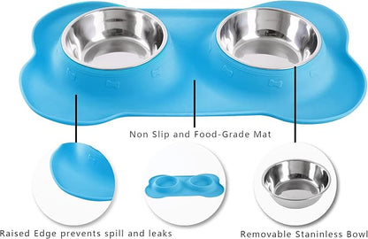Hubulk Pet Dog Bowls 2 Stainless Steel Dog Bowl with No Spill Non-Skid Silicone Mat + Pet Food Scoop Water and Food Feeder Bowls for Feeding Small Medium Large Dogs Cats Puppies (Medium, Turquoise)
