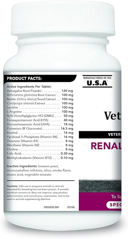 VetriScience Kidney Health Chewable Tablets for Dogs - Renal Essentials Support Supplement with Astragalus, Rehmannia, Nettle Seed & Cordyceps, Urinary & Renal Support, Smoke Flavor, 60 Ct