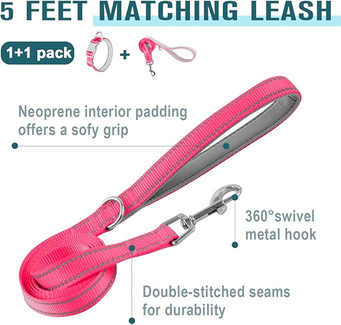 Dog Collar for Medium Small Large Dogs Reflective with Leash,Collar and Leash for Dogs,Soft Neoprene Padded 2 Pack(Pink,XS)