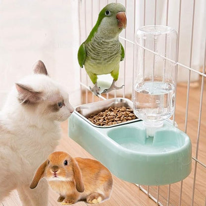 Cage Dual Bowl, Crate Hanging Double Dog Cat Bowls, Pet Water and Food Bowl Set with Automatic Water Dispenser Bottle Detachable Stainless Steel Bowl Cage Dish Holder for Bird Rabbit Dog Cat, Blue