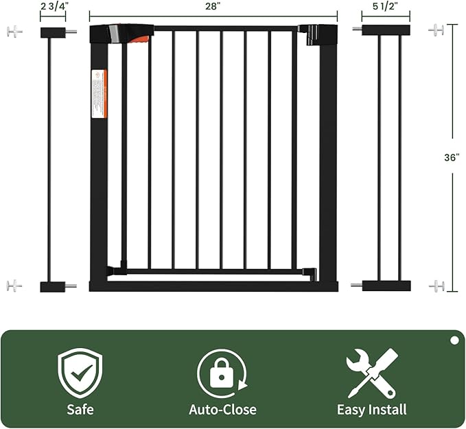 Metal Dog Gate for Door,Pressure Mounted Auto-Close Pet Gates for Dogs Indoor, Doggie Gate (Black, 36" Tall)