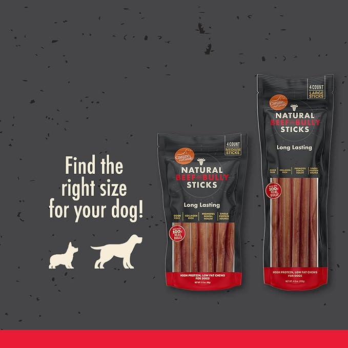 Canine Naturals | Natural Beef & Bully Sticks | Long-Lasting, Odor Free, High Protein Chews Made with 100% Real Bully | 4 Count Large Sticks