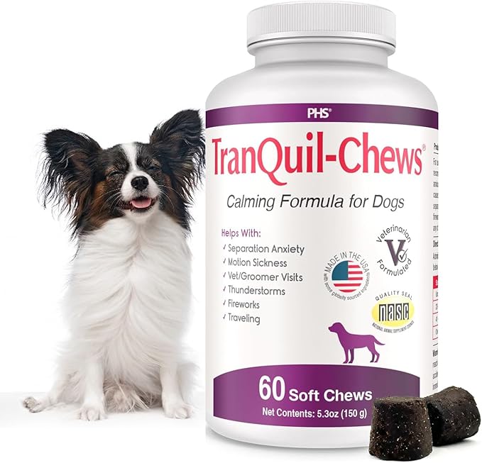 Tranquil-Chews Calming Formula for Dogs – Anxiety, Stress, Travel, Fireworks Relief – Chamomile, L-Tryptophan, Ginger – Beef Flavored Soft Chews – 60 Count – Supports Relaxation and Balanced Behavior