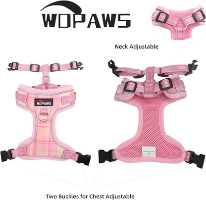 No Pull Dog Harness and Leash Set-Reflective Plaid Design, Adjustable & Comfortable with Front D Ring for Small Medium Dogs (XS, Pink Plaid)