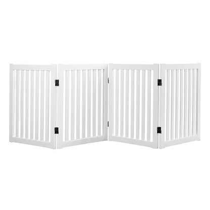 WELLAND Wooden Freestanding Pet Gate, 4 Panel 24 Inch Step Over Fence, Expands Up to 80" Wide, Foldable Indoor Dog Gate Puppy Safety Fence, White