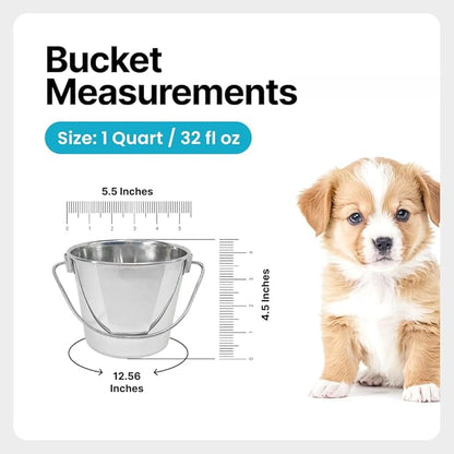 Heavy Duty Stainless Steel Bucket 1 Quart - Flat Side Small Metal Bucket for Feeding & Watering Pets, Livestock & Cleaning - Perfect for Crates, Kennels, Cages & Hang on Fences