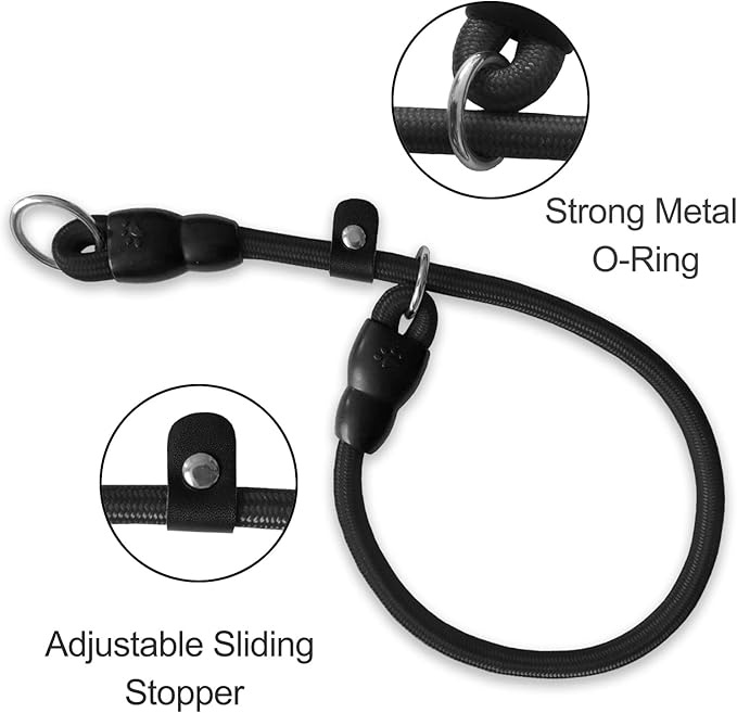 Slip Collar, Dog Choker Collar, Nylon Dog Training Collar with Slidable Stopper No Pull Dog Collars Martingale Collars for Small Medium Large Dogs, Black, L