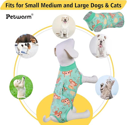 PetWarm Dog Surgical Recovery Suit Male, Recovery Suit for Dogs After Surgery, Collars and Cones Alternative Dog Abdominal Wounds Bandages, Onesies for Dogs, Monkey Pattern, Green, XS