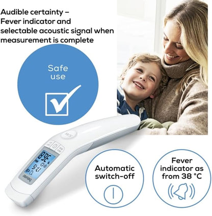 Beurer 3-in-1 Forehead Non-Contact, Body, Surface, Room Temperature, High Accuracy, Large Blue Backlit LCD Display Thermometer, 60 Memory Spaces, FT90 White, 32 Count (Pack of 1)
