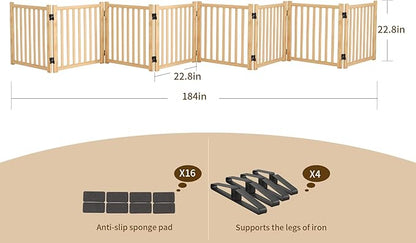 YOCAN Paint-Free Wooden Freestanding Dog Gate, Pet Gate for Indoor Use, Dog Fence for Doorways, Stairs & House, Step-Over Design, Easy to Install-8 Panel 23"