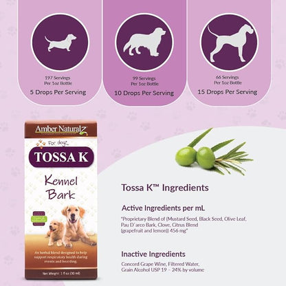 Amber NaturalZ Tossa K Kennel Bark Herbal Supplements for Dogs and Puppies | Canine Herbal Blend for Respiratory Health | 1 Fluid Ounce Glass Bottle | Globally Sourced Ingredients | Made in The USA