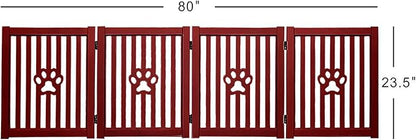 4 Panel Dog Gate - Mahogany - Foldable Wooden Freestanding Pet Gate, 80" L x 23.6" H, for Doorways, Halls & Stairs, 360 Degree Rotated Hinges