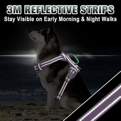BARKBAY No Pull Dog Harness Large Reflective Dog Harness with Front Clip and Easy Control Handle for Walking Training Running with ID tag Pocket(Violet Purple,XL)