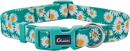 Dog Collar and Leash Set, Cute Daisy Pattern, Polyester Material, 5ft Leash, for Medium Dogs.(Medium,Green Daisy)