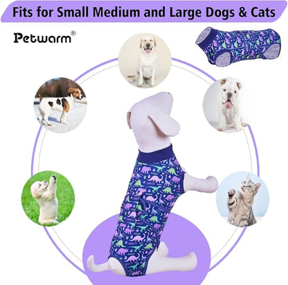 PetWarm Pet Recovery Suit for Dogs, Onesies for Dogs, Dog Cone Alternative After Surgery Substitute E-Collar and Cone Prevent Dog Onesies Pet Surgery Recovery Suit, Dinosaur Pattern, Blue Purple, S