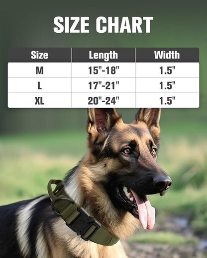 Joytale Tactical Dog Collar with Handle and Metal Buckle, Heavy Duty Padded Military Collar with 2 Patches for Training, Adjustable for Large Dogs, ArmyGreen, L