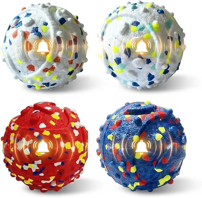 CAISHOW Dog Ball Squeak Toys Indestructible Float On Water Fetch Bouncy Durable Solid Rubber Ball for Puppy Small and Medium Dogs Playing Toys(Bell Ball 4Pcs)