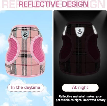 KOOLTAIL Small Dog Harness and Lead Set, Soft Mesh Plaid Puppy Harness with Safety Buckle, Adjustable & Comfortable Padded Reflective Vest for Puppies and Small Breeds Dogs Walking,Pink,X-Small