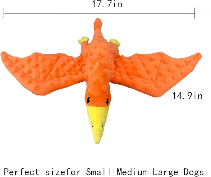 Squeaky Dog Toys Plush Dog Toy with Crinkle Paper Stuffed Durable Dog Chew Toys for Small Middle and Large Dogs Pterodactyl Orange