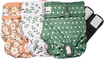 Pet Parents® Washable Dog Diapers (3pack) + Extendrs® of Durable Doggie Diapers, Premium Dog Diapers Female (Large, Daisy)